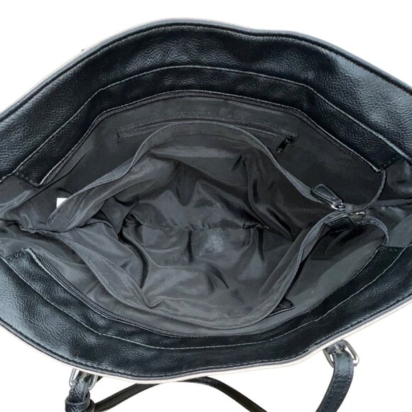 Nine West Taupe & Black Striped Faux Leather Black Tassel Detail Tote Bag Sz L - Picture 11 of 14